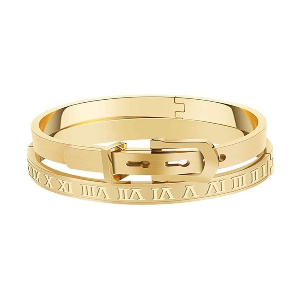 NWT Jarlinwel Gold Plated Roman Numeral Bangle Bracelet Set for Men & Women